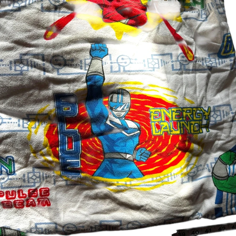VTG 2001 Power Rangers Twin Flat Sheet‎ Flannel Green Blue Red Boys Man Cave